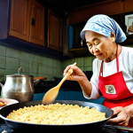 **A grandmother (Mak) frying "keropok lekor" in a traditional Malay kitchen. A young child watches intently, capturing the warmth and aroma of a family recipe being made.** (This image focuses on the revival of family recipes and the intergenerational connection.)