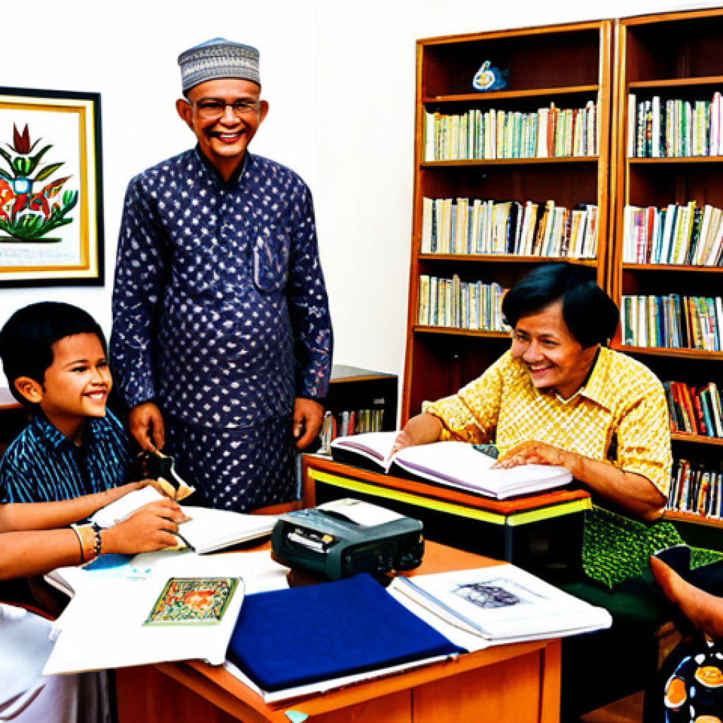 **
"A group of diverse Malaysians, young and old, participating in a *Projek Dokumentasi* workshop, learning to record oral traditions. Focus on the intergenerational exchange of knowledge. Setting: A community hall decorated with batik and traditional crafts. All are fully clothed in modest, respectful attire. Foreground: recording equipment, notebooks, and smiling faces. Background: Shelves with books and artifacts representing Malaysian heritage. Keywords: *Warisan*, cultural preservation, community, family-friendly, educational, safe for work, appropriate content, professional photography, perfect anatomy, natural proportions."
**