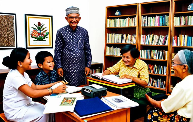 **
"A group of diverse Malaysians, young and old, participating in a *Projek Dokumentasi* workshop, learning to record oral traditions. Focus on the intergenerational exchange of knowledge. Setting: A community hall decorated with batik and traditional crafts. All are fully clothed in modest, respectful attire. Foreground: recording equipment, notebooks, and smiling faces. Background: Shelves with books and artifacts representing Malaysian heritage. Keywords: *Warisan*, cultural preservation, community, family-friendly, educational, safe for work, appropriate content, professional photography, perfect anatomy, natural proportions."
**