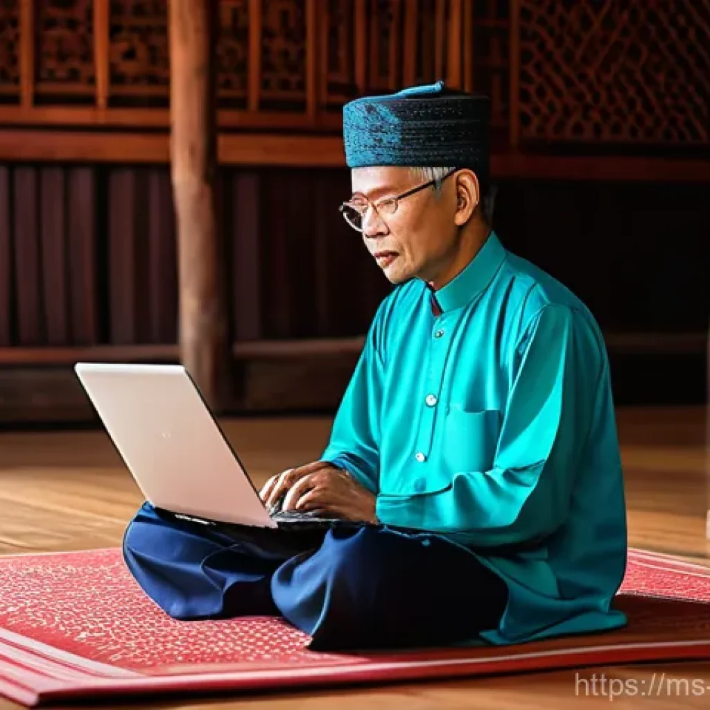 구전지식 기록법의 상호작용적 요소 - **A Bridge of Generations and Technology**
A serene indoor scene within a traditional Malay wood...