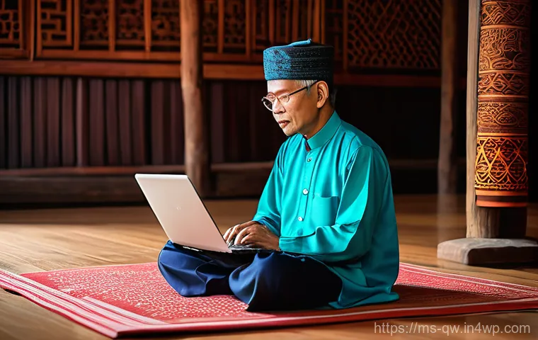 구전지식 기록법의 상호작용적 요소 - **A Bridge of Generations and Technology**
    A serene indoor scene within a traditional Malay wood...