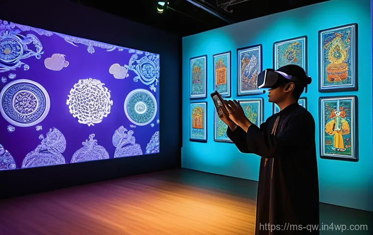 구전지식 기록법의 상호작용적 요소 - **A Bridge of Generations and Technology**
    A serene indoor scene within a traditional Malay wood...