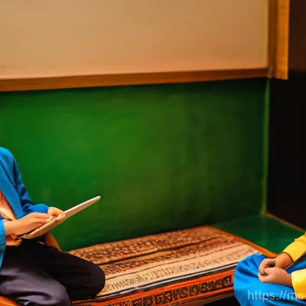 구전지식 기록법과 디지털 기록의 차이 - The children are attentively listening, dressed in casual, modest attire. One child holds a tablet, ...