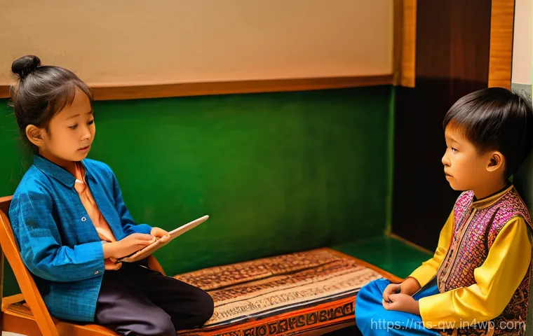 구전지식 기록법과 디지털 기록의 차이 - The children are attentively listening, dressed in casual, modest attire. One child holds a tablet, ...