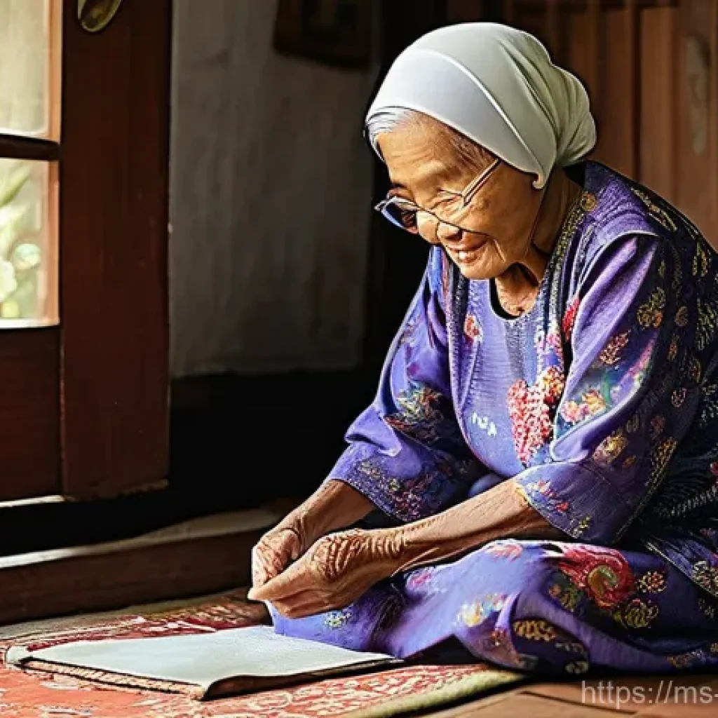 구전지식 기록법을 위한 커뮤니티 구축 - **Prompt:** A heartwarming scene in a traditional Malaysian kampong house. An elderly Malay grandmot...