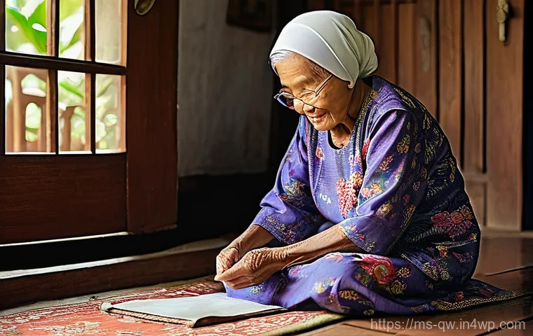 구전지식 기록법을 위한 커뮤니티 구축 - **Prompt:** A heartwarming scene in a traditional Malaysian kampong house. An elderly Malay grandmot...