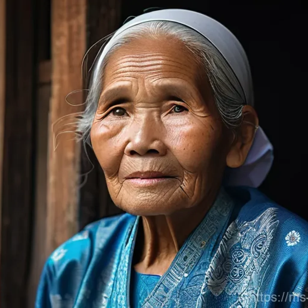 구전지식 기록법의 감정 이입 기술 - A serene portrait of an elderly Malaysian grandmother (Nenek) in a traditional wooden kampung house,...