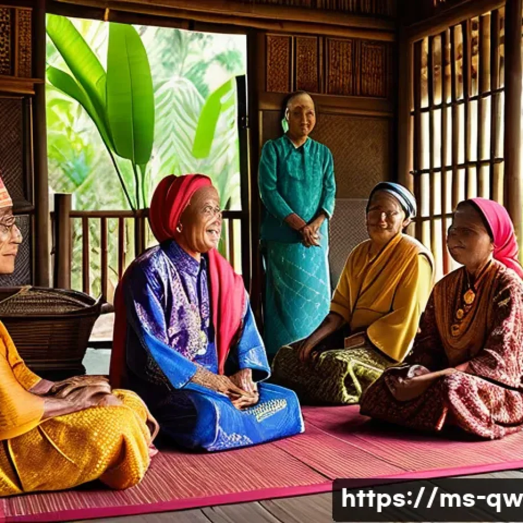구전지식 기록법의 개인적인 경험 공유 - A traditional Malay village elder seated comfortably on a woven rattan mat inside a wooden kampung h...