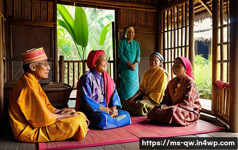 구전지식 기록법의 개인적인 경험 공유 - A traditional Malay village elder seated comfortably on a woven rattan mat inside a wooden kampung h...