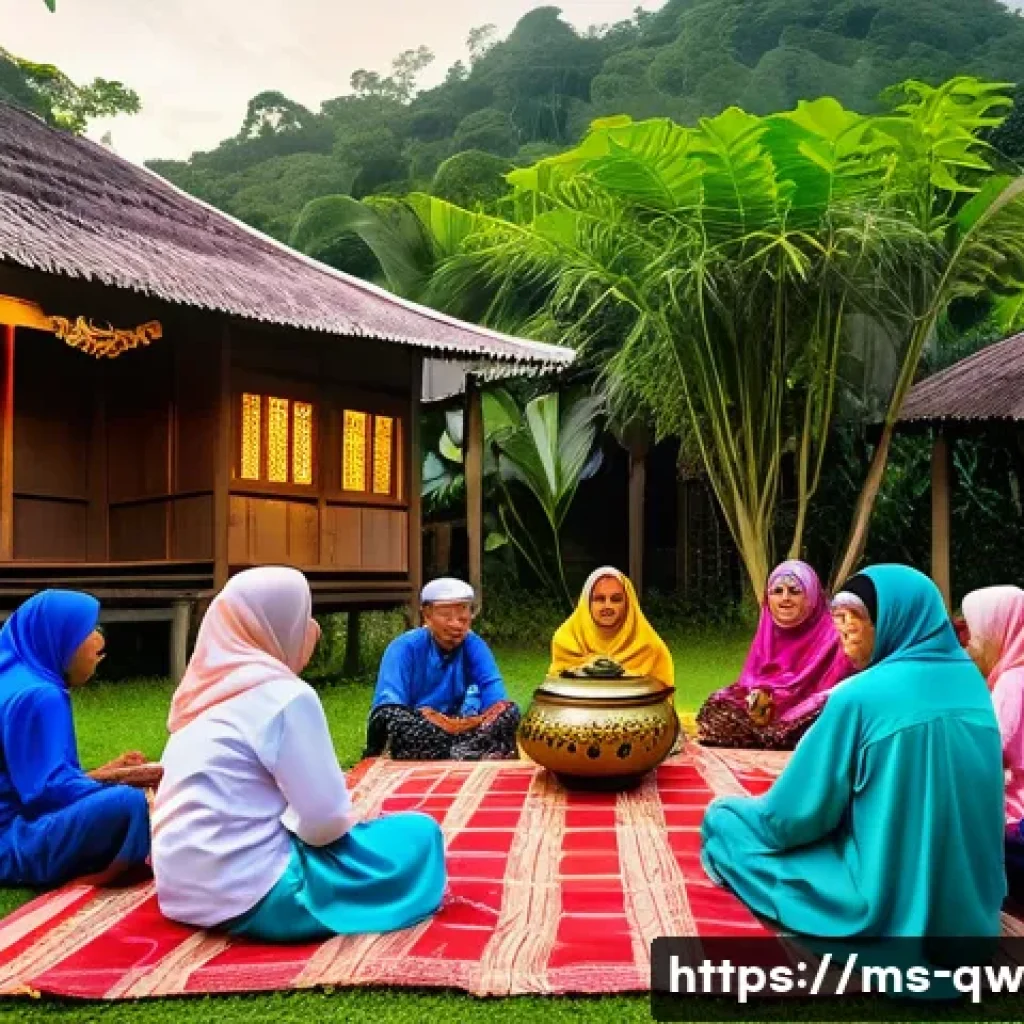 구전지식 기록법의 네트워킹 기법 - A vibrant scene of a traditional Malay village elder storytelling session at dusk, surrounded by att...