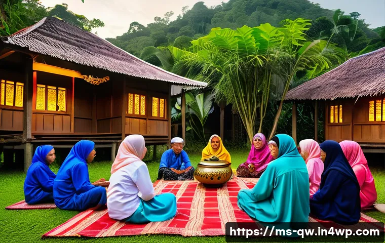 구전지식 기록법의 네트워킹 기법 - A vibrant scene of a traditional Malay village elder storytelling session at dusk, surrounded by att...