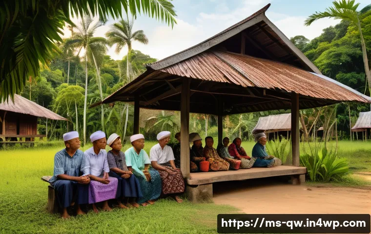 구전지식 기록법에서의 윤리적 문제 - A warm and respectful scene in a traditional Malay village setting, showing a middle-aged Malay stor...