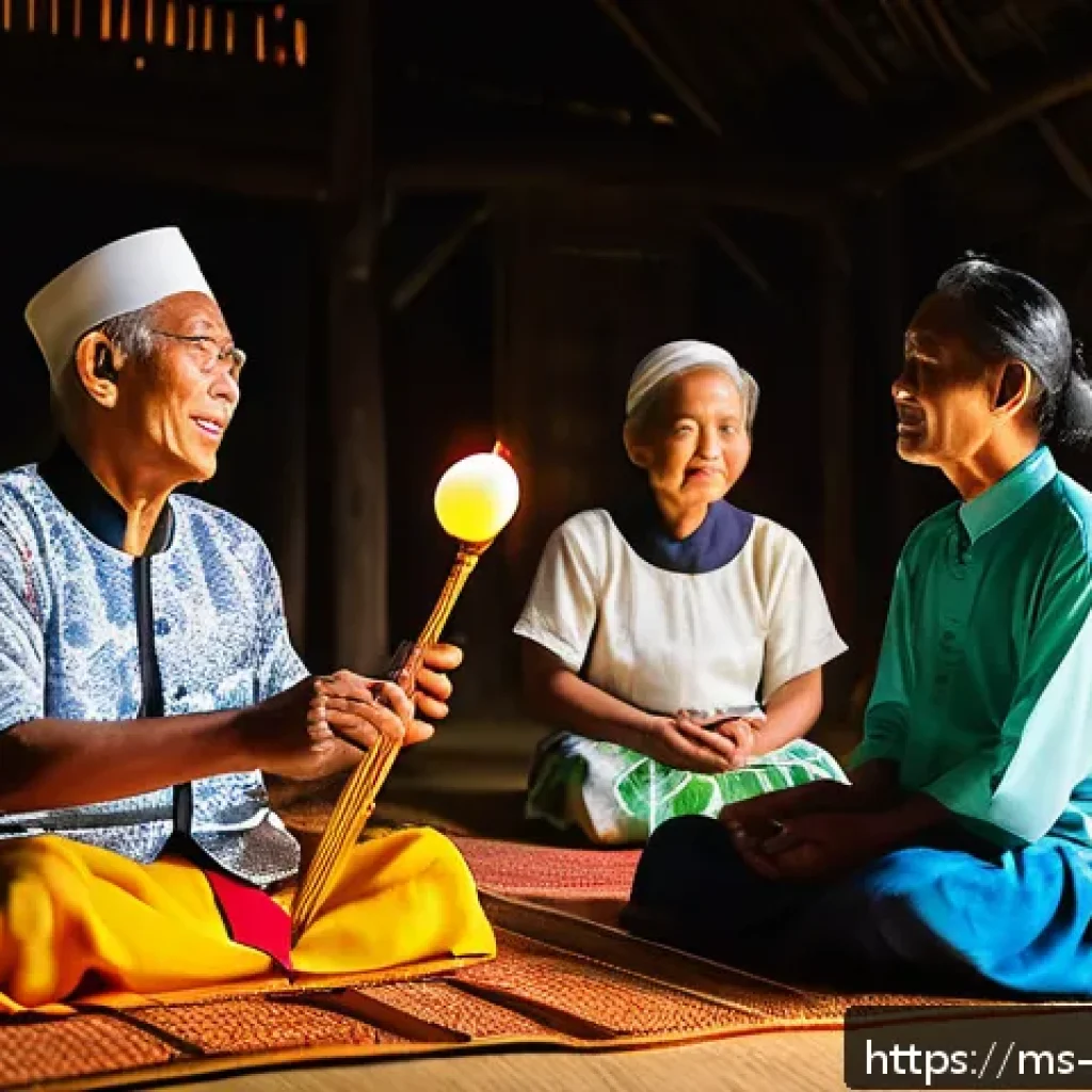 구전지식 기록법의 문화적 맥락 - A vibrant traditional Malaysian storytelling scene set in a rustic village home at night, illuminate...
