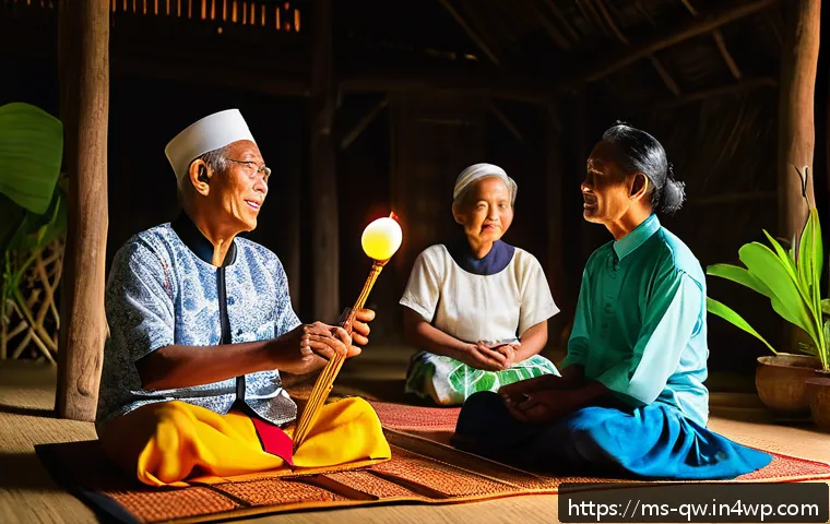 구전지식 기록법의 문화적 맥락 - A vibrant traditional Malaysian storytelling scene set in a rustic village home at night, illuminate...