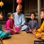 구전지식 기록법을 통한 개인의 정체성 탐구 - A vibrant traditional Malay village scene at dusk, featuring an elderly storyteller seated on a wood...