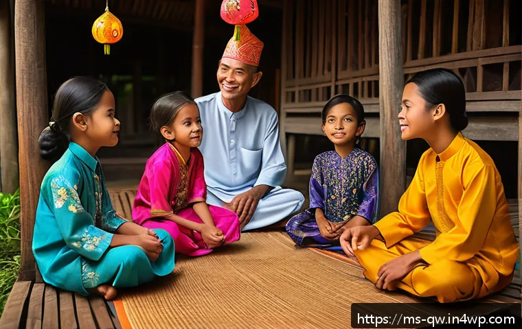 구전지식 기록법을 통한 개인의 정체성 탐구 - A vibrant traditional Malay village scene at dusk, featuring an elderly storyteller seated on a wood...