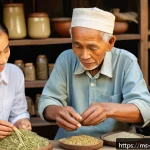 구전지식 기록법을 위한 기록 샘플 - A warm, cozy village workshop scene depicting an elderly Malay artisan demonstrating traditional her...
