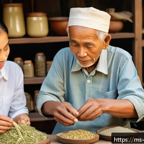 구전지식 기록법을 위한 기록 샘플 - A warm, cozy village workshop scene depicting an elderly Malay artisan demonstrating traditional her...