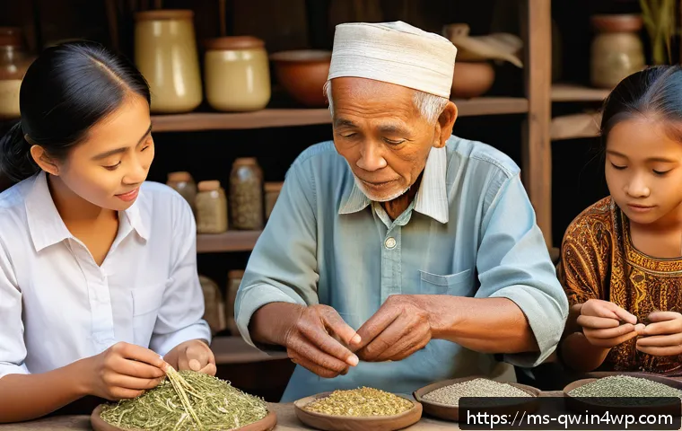 구전지식 기록법을 위한 기록 샘플 - A warm, cozy village workshop scene depicting an elderly Malay artisan demonstrating traditional her...