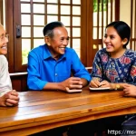 구전지식 기록법의 공동체 의식 강화 - A warm and lively scene of a multigenerational Malay family gathered in a traditional kampung house ...