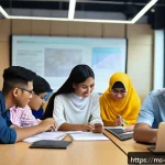 구전지식 기록법의 피드백 시스템 - A diverse group of Malaysian students engaged in a collaborative learning session in a modern classr...