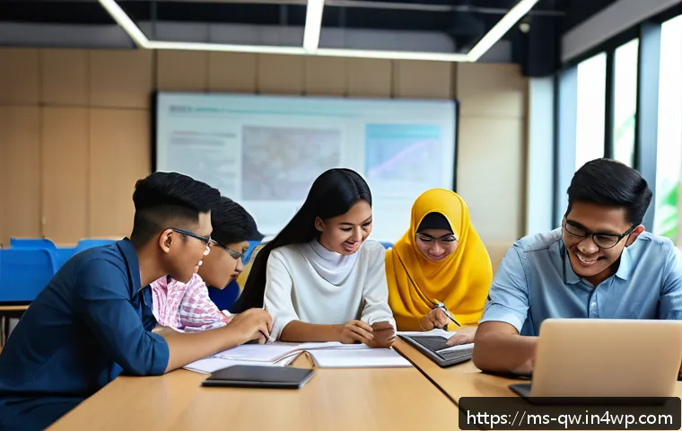 구전지식 기록법의 피드백 시스템 - A diverse group of Malaysian students engaged in a collaborative learning session in a modern classr...