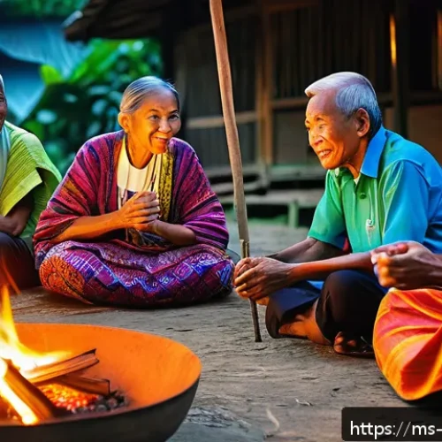구전지식 기록법을 통한 문화유산 보존 - A vibrant traditional Malaysian village storytelling scene at dusk, featuring a diverse group of eld...