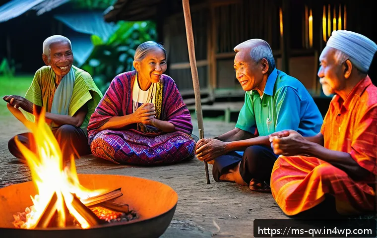 구전지식 기록법을 통한 문화유산 보존 - A vibrant traditional Malaysian village storytelling scene at dusk, featuring a diverse group of eld...