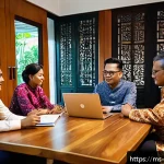 구전지식 기록법의 주제별 카테고리 설정 - A diverse group of Malaysian professionals engaged in an informal discussion around a wooden table i...