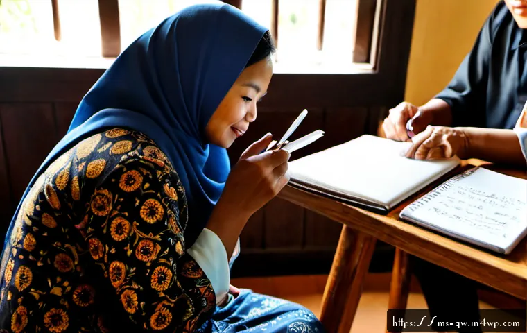 구전지식 기록법의 실습 워크숍 - Photorealistic oral history documentation workshop in a bright Malaysian community library, a young ...